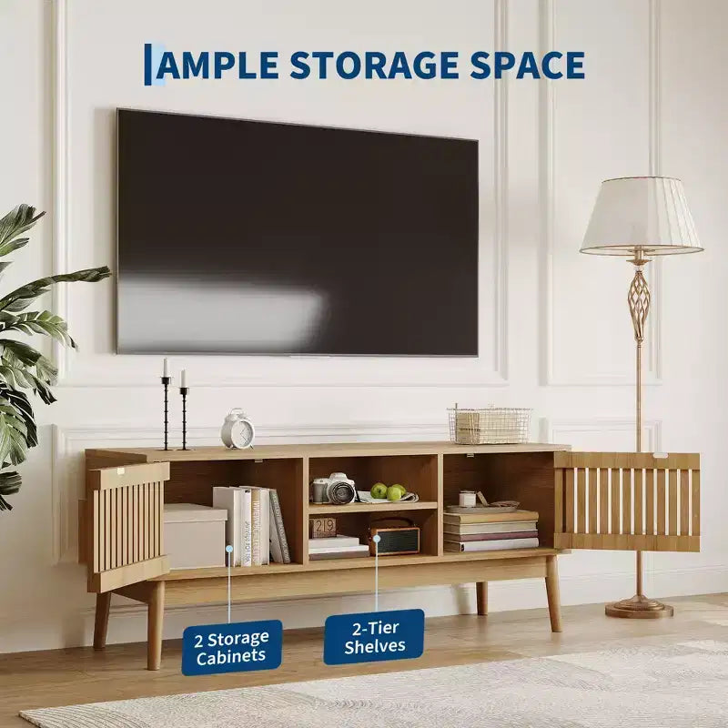 Meuble TV pour salon, console média avec portes cannelées, étagères ouvertes, armoire de rangement, convient aux téléviseurs jusqu'à 50 pouces