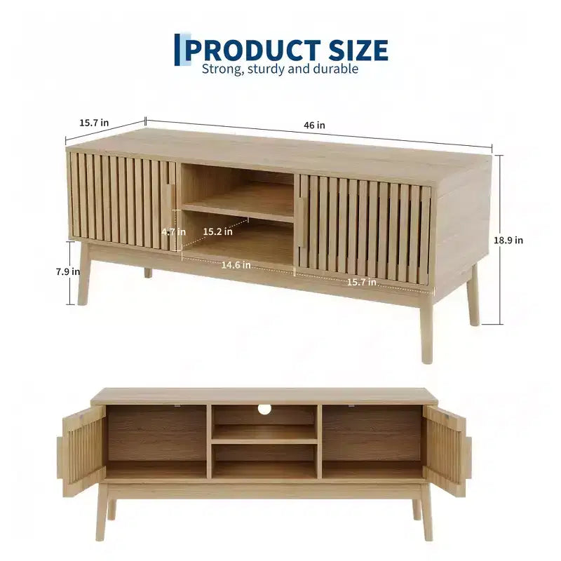 Meuble TV pour salon, console média avec portes cannelées, étagères ouvertes, armoire de rangement, convient aux téléviseurs jusqu'à 50 pouces