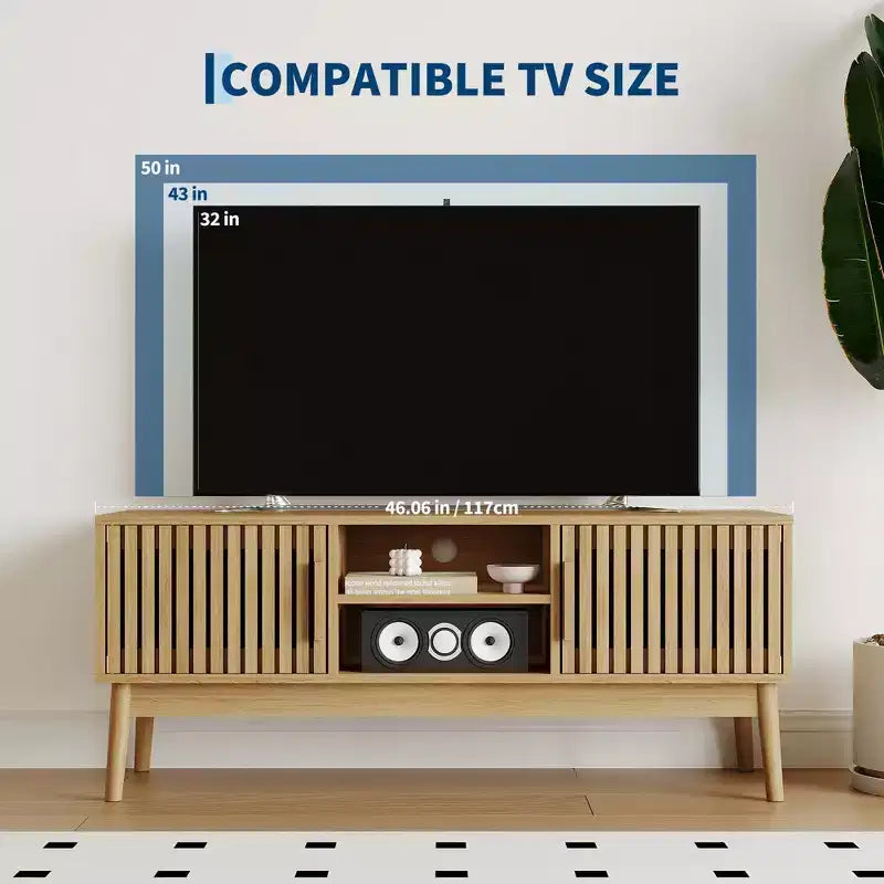 Meuble TV pour salon, console média avec portes cannelées, étagères ouvertes, armoire de rangement, convient aux téléviseurs jusqu'à 50 pouces