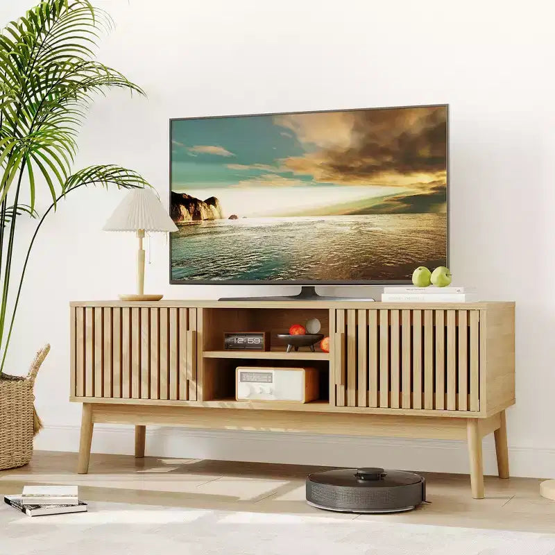 Meuble TV pour salon, console média avec portes cannelées, étagères ouvertes, armoire de rangement, convient aux téléviseurs jusqu'à 50 pouces