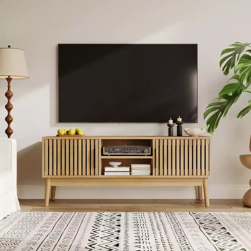 Meuble TV pour salon, console média avec portes cannelées, étagères ouvertes, armoire de rangement, convient aux téléviseurs jusqu'à 50 pouces