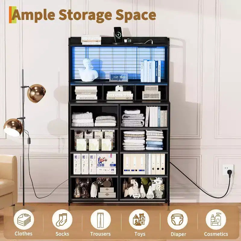 Commode élégante, 11 tiroirs en tissu, station de charge avec 2 prises CA, 2 ports USB et un socle sans fil, lumières LED RGB contrôlées par application, anti-basculement, marron
