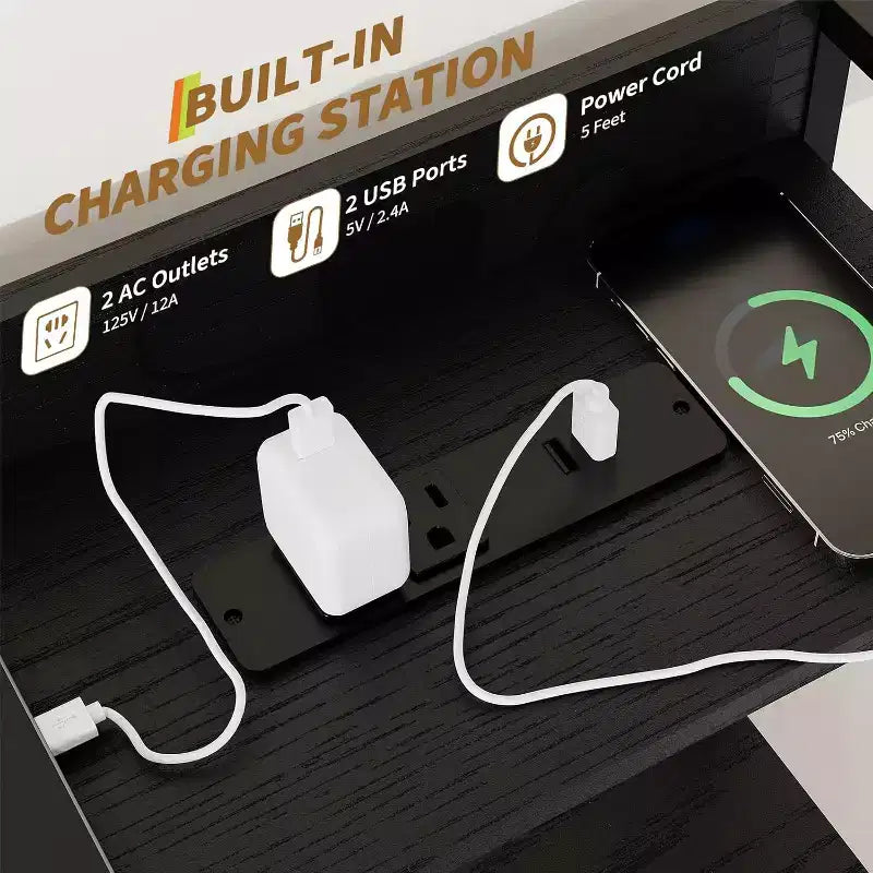 Commode élégante, 11 tiroirs en tissu, station de charge avec 2 prises CA, 2 ports USB et un socle sans fil, lumières LED RGB contrôlées par application, anti-basculement, marron