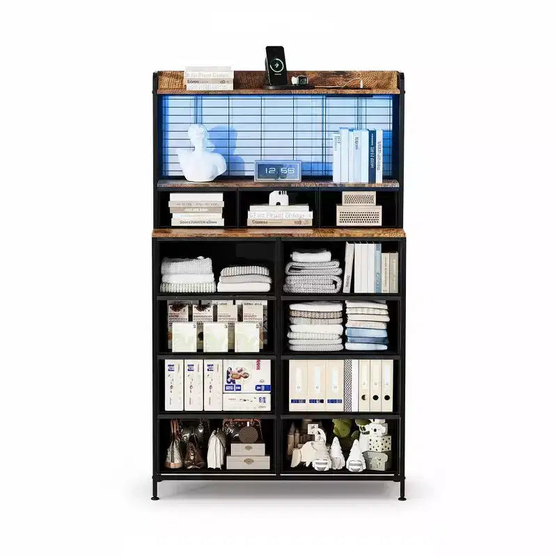 Commode élégante, 11 tiroirs en tissu, station de charge avec 2 prises CA, 2 ports USB et un socle sans fil, lumières LED RGB contrôlées par application, anti-basculement, marron