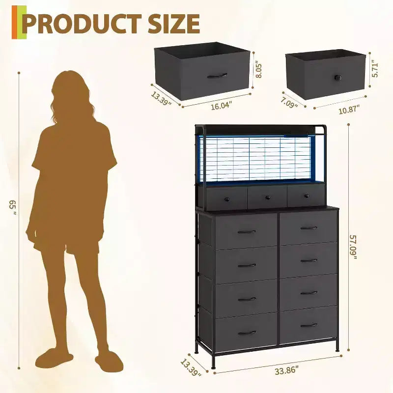 Commode élégante, 11 tiroirs en tissu, station de charge avec 2 prises CA, 2 ports USB et un socle sans fil, lumières LED RGB contrôlées par application, anti-basculement, marron