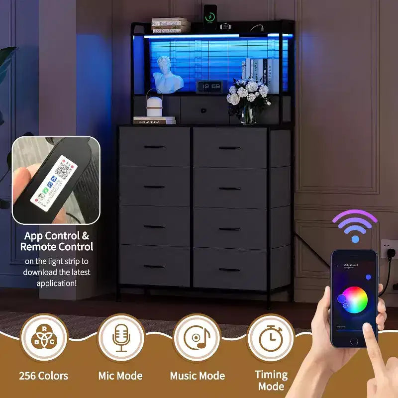 Commode élégante, 11 tiroirs en tissu, station de charge avec 2 prises CA, 2 ports USB et un socle sans fil, lumières LED RGB contrôlées par application, anti-basculement, marron