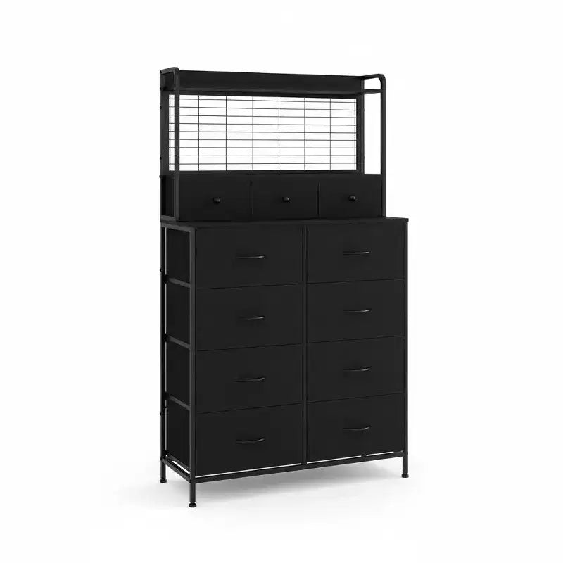 Commode élégante, 11 tiroirs en tissu, station de charge avec 2 prises CA, 2 ports USB et un socle sans fil, lumières LED RGB contrôlées par application, anti-basculement, marron