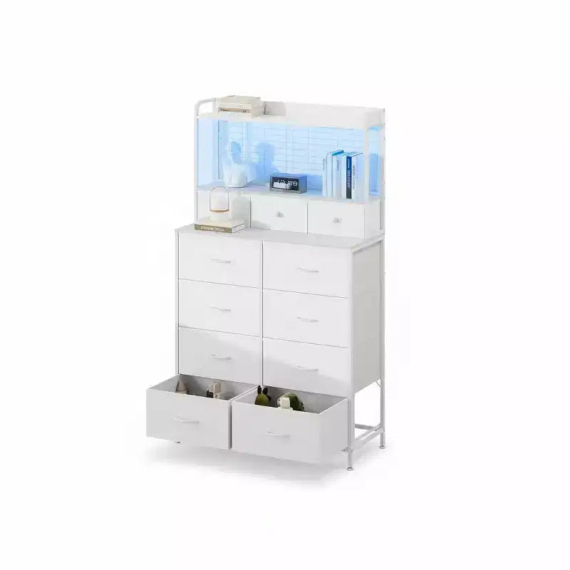 Commode élégante, 11 tiroirs en tissu, station de charge avec 2 prises CA, 2 ports USB et un socle sans fil, lumières LED RGB contrôlées par application, anti-basculement, marron