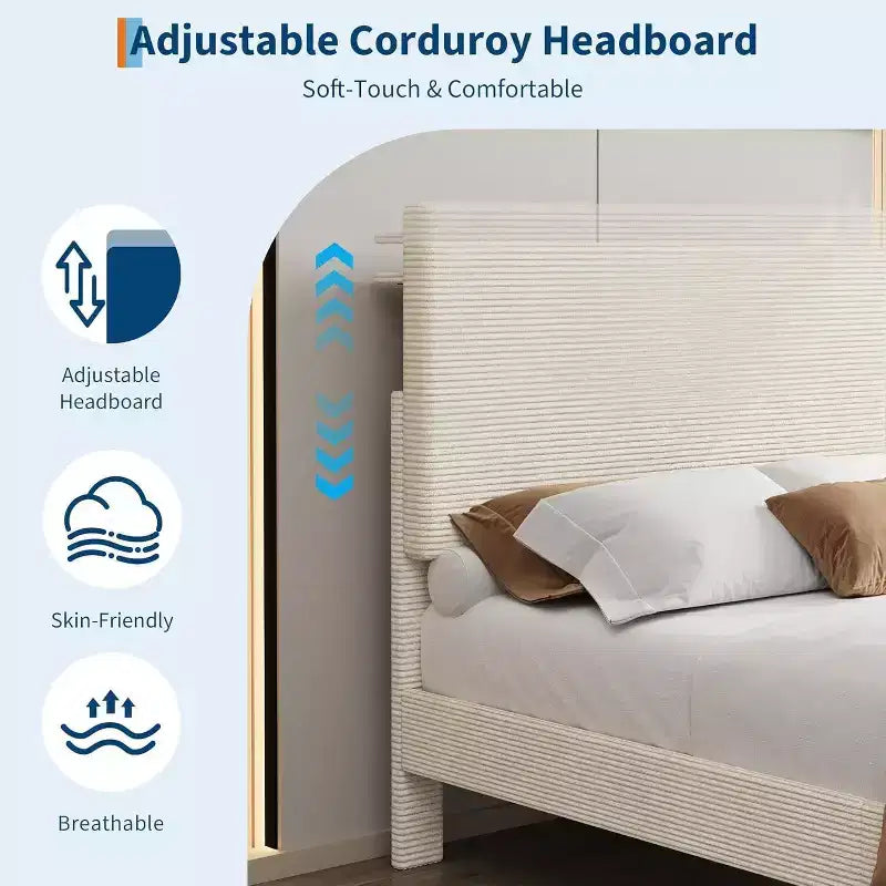 Cadre de lit plateforme capitonné en velours côtelé avec tête de lit avec station de recharge
