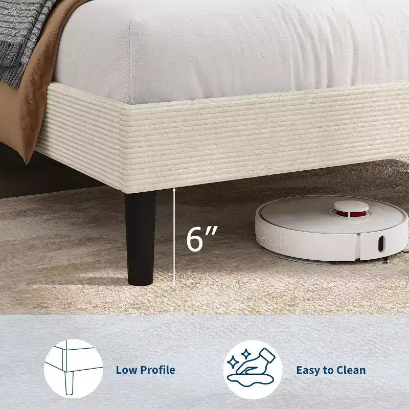 Cadre de lit plateforme capitonné en velours côtelé avec tête de lit avec station de recharge