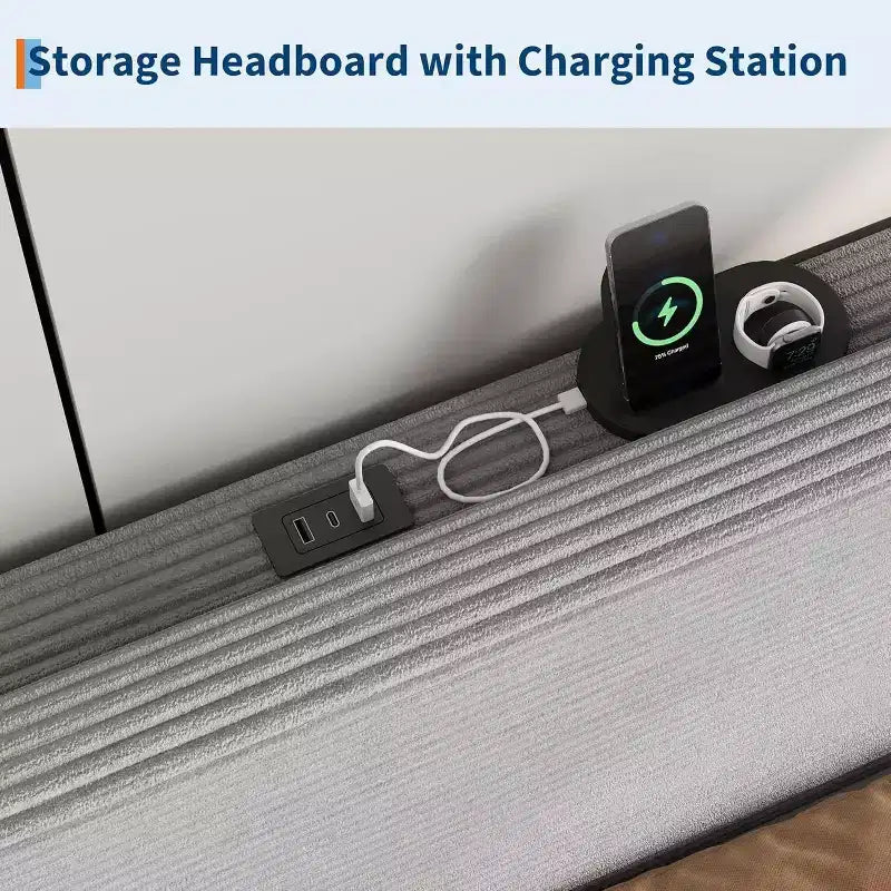 Cadre de lit plateforme capitonné en velours côtelé avec tête de lit avec station de recharge