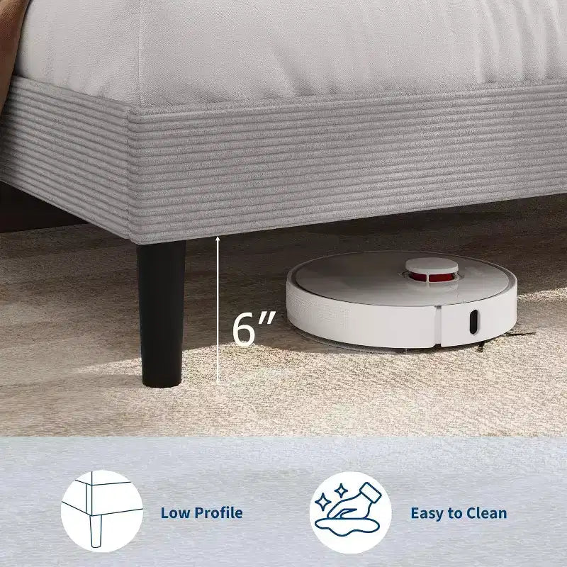 Cadre de lit plateforme capitonné en velours côtelé avec tête de lit avec station de recharge