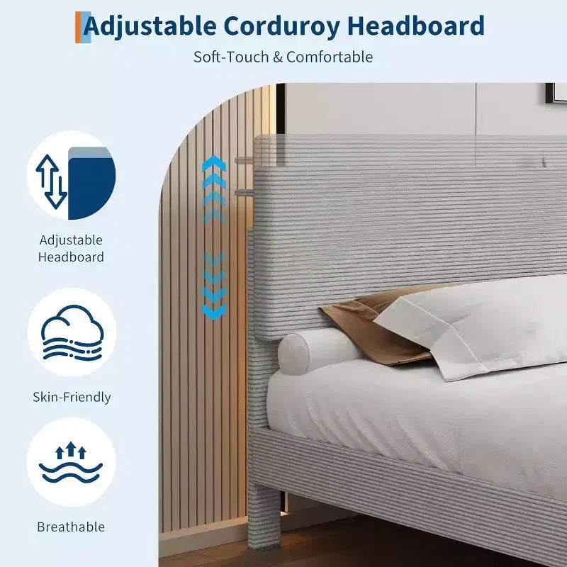 Cadre de lit plateforme capitonné en velours côtelé avec tête de lit avec station de recharge
