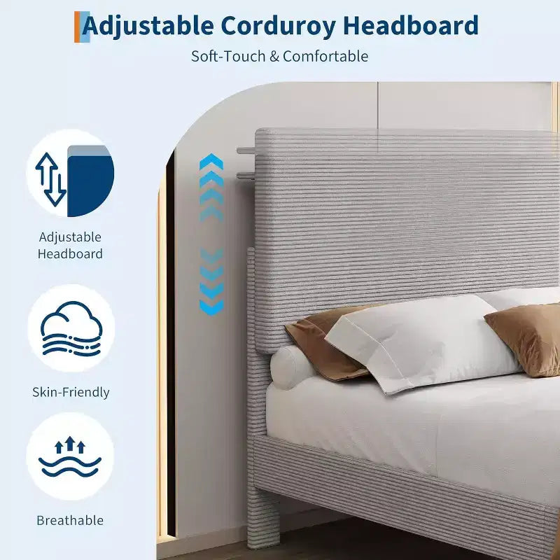 Cadre de lit plateforme capitonné en velours côtelé avec tête de lit avec station de recharge