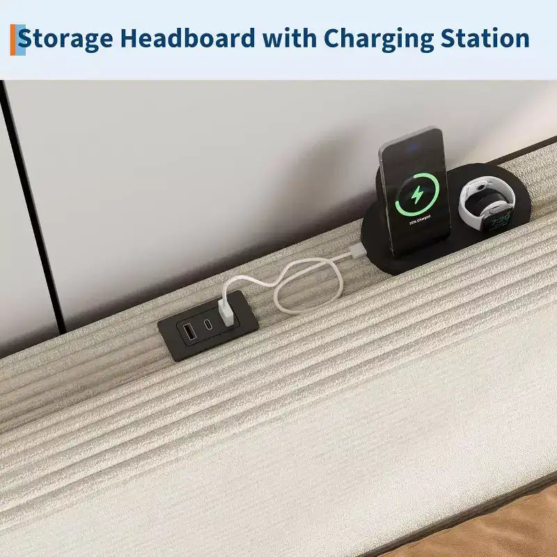 Cadre de lit plateforme capitonné en velours côtelé avec tête de lit avec station de recharge