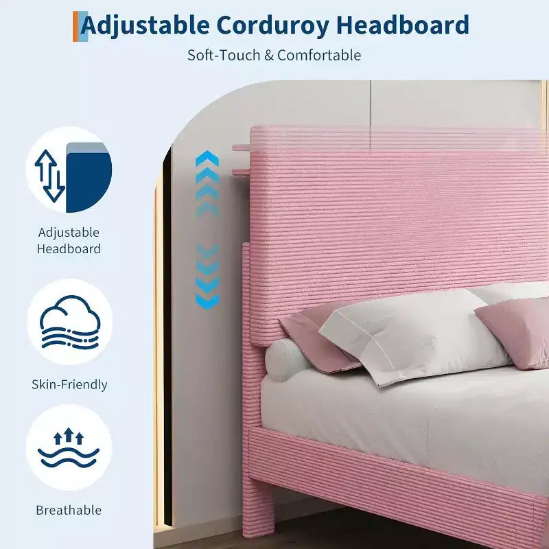 Cadre de lit plateforme capitonné en velours côtelé avec tête de lit avec station de recharge