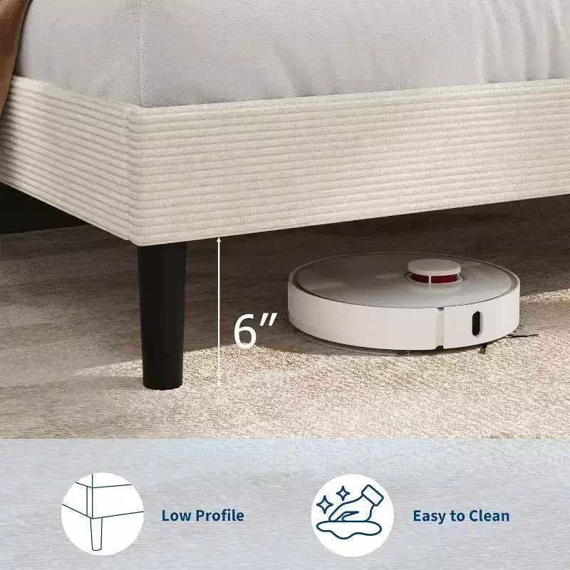 Cadre de lit plateforme capitonné en velours côtelé avec tête de lit avec station de recharge