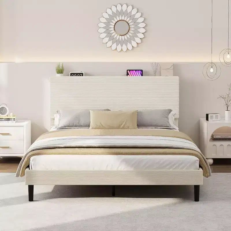 Cadre de lit plateforme capitonné en velours côtelé avec tête de lit avec station de recharge