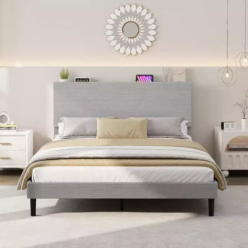 Cadre de lit plateforme capitonné en velours côtelé avec tête de lit avec station de recharge