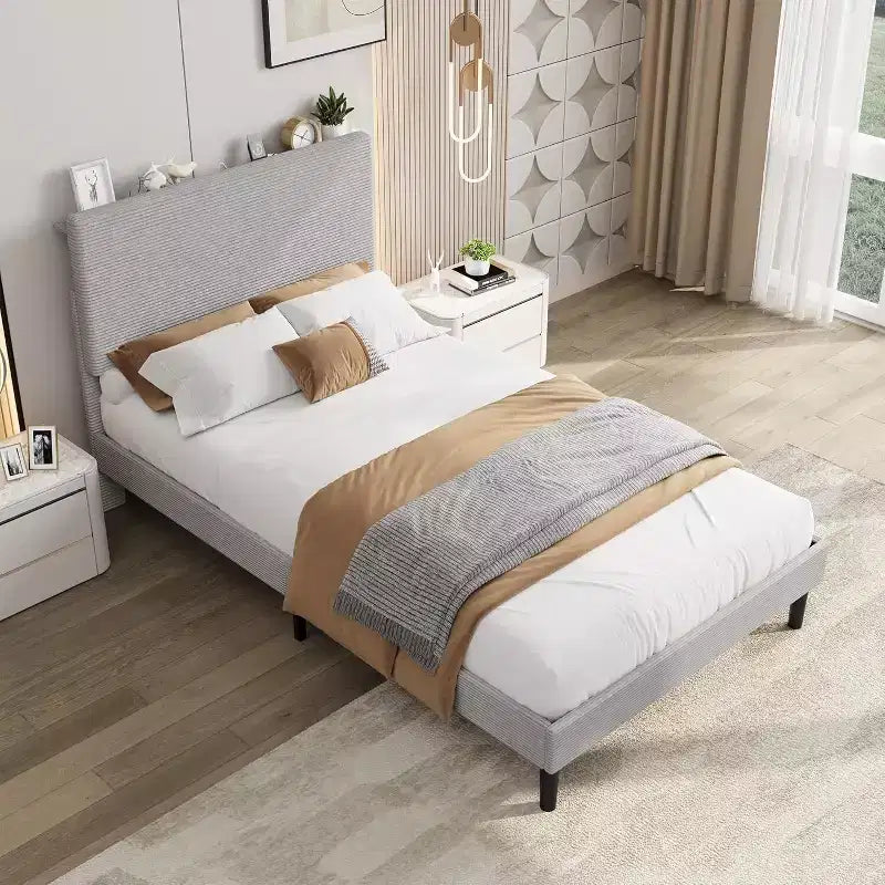 Cadre de lit plateforme capitonné en velours côtelé avec tête de lit avec station de recharge