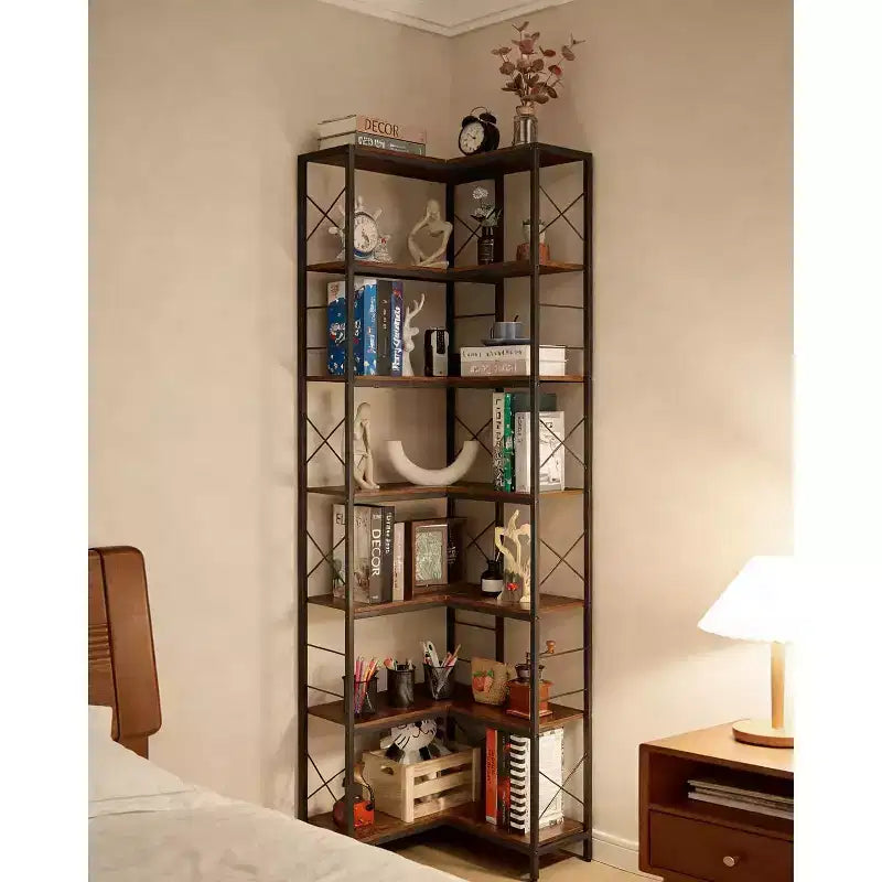 Étagère d'angle industrielle à 7 niveaux, cadre en bois et métal, grande bibliothèque autoportante pour salon, cuisine, bureau à domicile