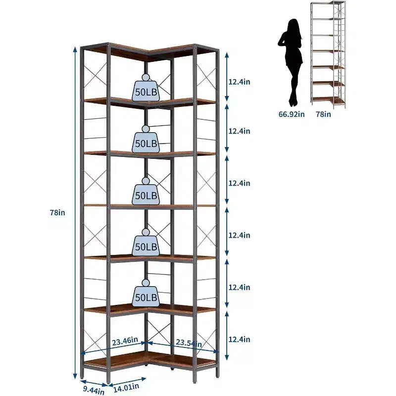 Étagère d'angle industrielle à 7 niveaux, cadre en bois et métal, grande bibliothèque autoportante pour salon, cuisine, bureau à domicile