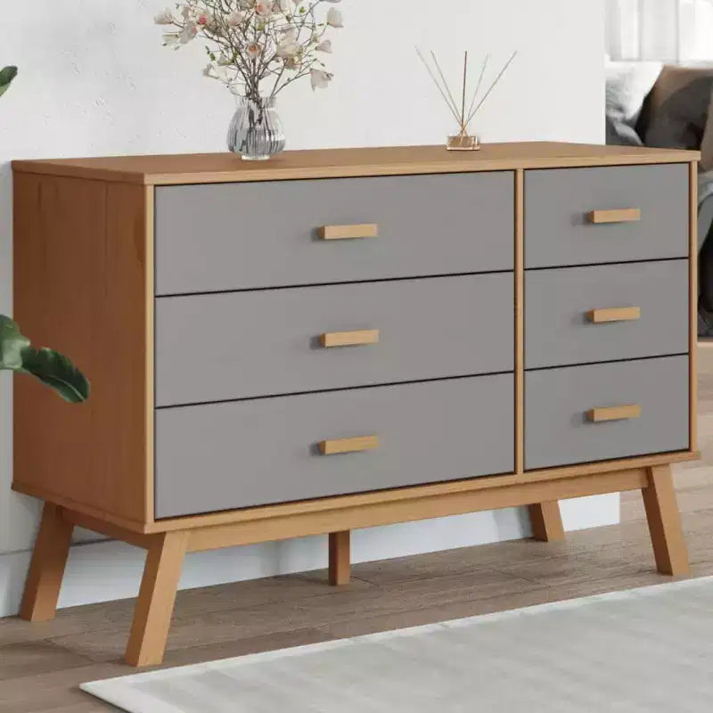 Commode Gris et Marron Bois de Pin Massif, Bois d'Ingénierie