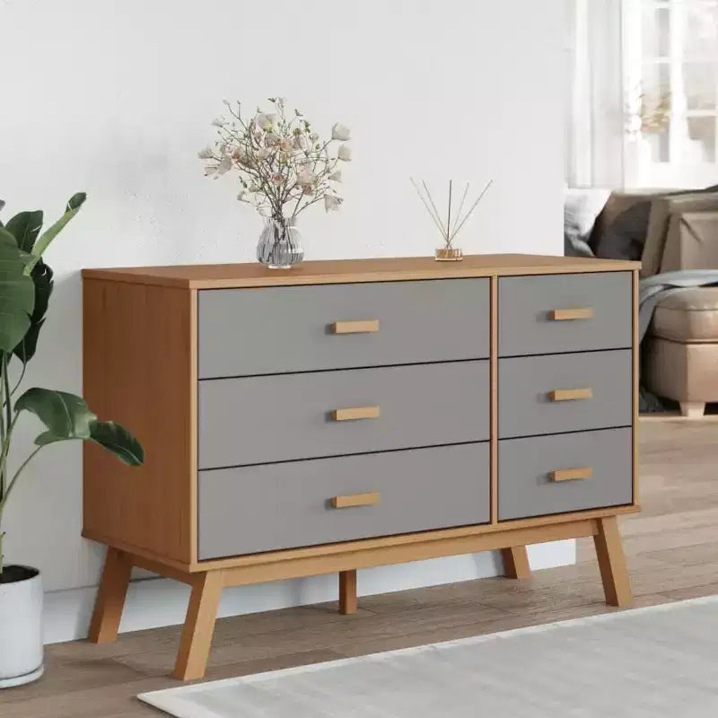 Commode Gris et Marron Bois de Pin Massif, Bois d'Ingénierie