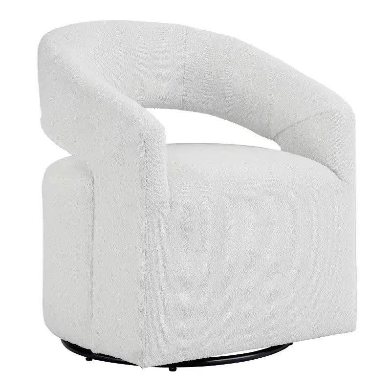 Fauteuil tonneau pivotant moderne en bouclé avec dossier ouvert