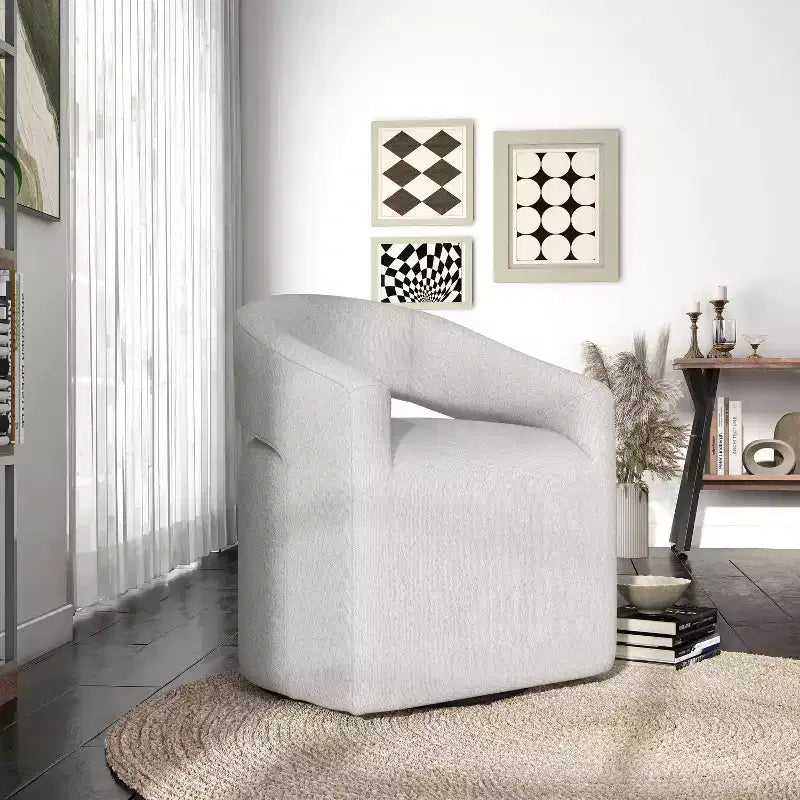 Fauteuil tonneau pivotant moderne en bouclé avec dossier ouvert