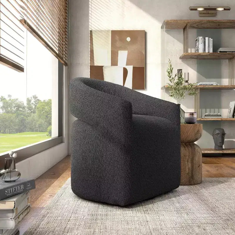Fauteuil tonneau pivotant moderne en bouclé avec dossier ouvert